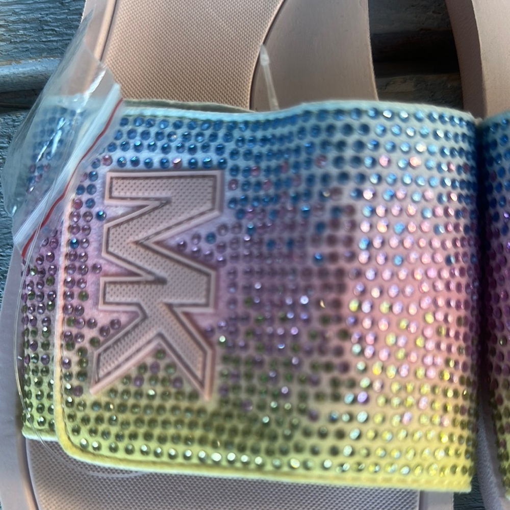 Michael Kors Pink and Yellow Sandals Iridescent Slides NWOT - Picture 2 of 4